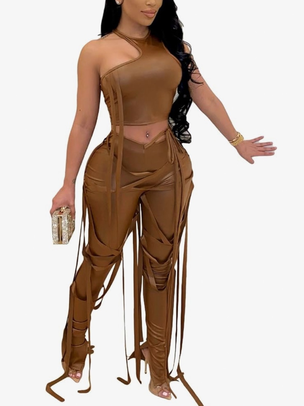 Amazon Brown Asymmetric Cut-Out Fringe Jumpsuit